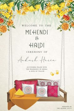 a wedding card with yellow flowers on the front and back, hanging from a swing