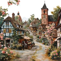 a painting of an old european village