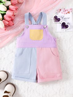 Multicolor  Collar Sleeveless Woven Fabric Animal,Colorblock Overall Embellished Non-Stretch  Baby Girls Clothing Fabric Animals, Girls Rompers, Girls Clothing, Suspenders, Woven Fabric, Color Blocking, Color Block