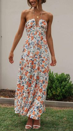 Girl, choose the fun look. This floral maxi dress features a halterneck tie-up and flowy skirt. Style with heels for a look we’re obsessed with. Long Summer Dresses, Tier Skirt, Floral Sleeveless, Women's Summer Fashion, Types Of Skirts, Floral Maxi, Spring Dresses, Floral Maxi Dress, Swing Dress