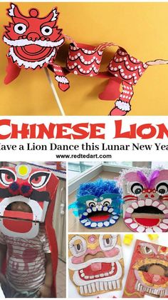 an image of chinese lion puppets made out of paper and some other pictures with the words, have a lion dance this lunar new year