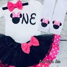 "BLACK AND NEON PINK POLKA Minnie mouse BIRTHDAY SET TOP INFO: Our best seller birthday set professionally heat pressed with Black,Neon pink glitter vinyl \"one-two-three-four\"- Can be made in other numbers as well. Please leave a note to seller during checkout your preferences. S/S means Short Sleeves L/S means Long Sleeves TUTU INFO: Tutus will be made according to your top size. 3 full layers. Stretchy waist with 6\", 8\", 11\" length. SET INFO: When you pick 4-PIECE SET INCLUDES: Top, Skirt Fitted Black Sets For Birthday, Black Fitted Sets For Birthday, Cute Pink Minnie Mouse Set, Cute Pink First Birthday Party Supplies, Cute Pink Party Sets, Minnie Mouse Outfit, Birthday Smash Cake, Pink Mouse, Mouse Outfit