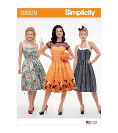 three women in dresses standing next to each other with the words simpliciity on them