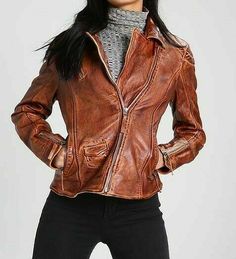 Women's Distressed Antique Brown Cafe Racer Vintage Biker Leather Jacket 100% MONEY BACK GUARANTEE 30 DAYS RETURN POLICY High Quality Real Leather Distressed Jacket Great Choice For Slim Fit Ladies Great look with multiple outer pockets and two inner pockets Ykk - Zippers original Zipper cuffs Soft Polyester Lining Inside Beautifully cut and tailored fit Brand New With Tag Made exactly as it is in picture 100% satisfaction guaranteed Please select your jacket according to the sizing charts menti Rugged Leather Jacket With Zipper Closure, Retro Winter Biker Jacket With Zipper Closure, Fitted Distressed Brown Biker Jacket, Casual Style, Casual Fitted Distressed Brown Biker Jacket, Casual Distressed Brown Long Sleeve Biker Jacket, Distressed Brown Leather Jacket For Fall, Rugged Leather Jacket With Long Sleeves For Spring, Distressed Brown Long Sleeve Leather Jacket For Fall, Rugged Long Sleeve Biker Jacket