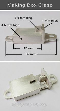 an image of a metal box clamp with measurements for the top and bottom part