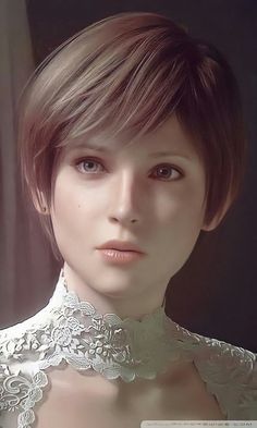 a woman with short hair wearing a white lace collared shirt and choker necklace