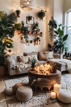 a living room filled with lots of plants and candles