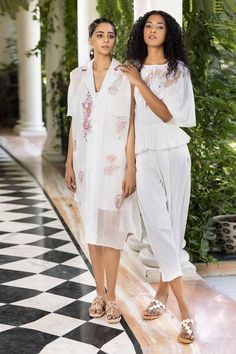 White sleeveless trench coat embroidered with tabla, veena and flower motifs. Comes with an inner slip dress. - Aza Fashions Trench Coat With Dress, Coat With Dress, Organza Coat, Sleeveless Trench Coat, Sleeveless Trench, Flower Motifs, White Sleeveless, Dress For Women, Aza Fashion