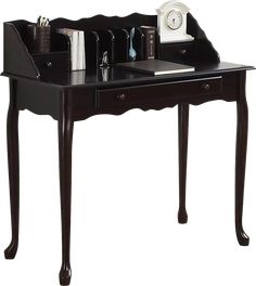 a desk with a clock and other items on top of it, along with the words macy's