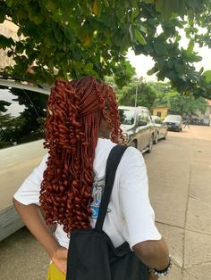 Twist Out Braids, Ginger Hair Braids Hairstyles, Auburn Faux Locs, Red And Orange Box Braids, Box Braid Length, Braids For Black Women Red Hair, Fall Braid Colors Black Women, Birthday Braids Black Women, Goddess Braids With Cornrows