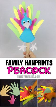 this is an image of family handprints peacock craft for toddlers to make