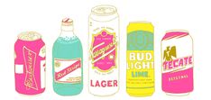 four different types of sodas are shown in this illustration, one is pink and the other is blue