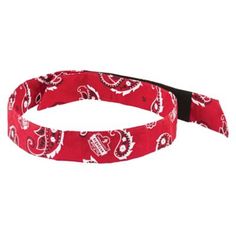 a red headband with white paisley on it