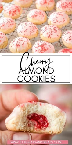 a close up of a person holding a strawberry shortbread with the words cherry almond cookies above it