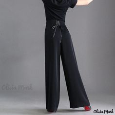 Olivia Mark - Latin Modern High-Waisted Wide-Leg Dance Pants without Pockets High Waist Jumpsuit, Chiffon Jumpsuit, Dance Pants, Beaded Collar, Wide Leg Jumpsuit, Pocket Detail, Olivia Mark, Long Pants, Workout Videos