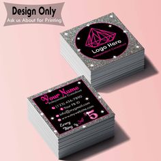 two business cards with diamonds on them and the number five in pink, black and silver