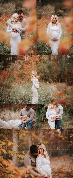 a couple cuddles in the fall leaves as they pose for their newborn pictures