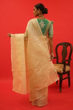 Gold brocade saree with resham and dori hand embroidery. Comes with an emerald green blouse - Aza Fashions Emerald Green Blouse, Brocade Saree, Gold Brocade, Embroidered Saree, Blouse For Women, Buy Gold, Saree With Blouse, Green Blouse, Aza Fashion