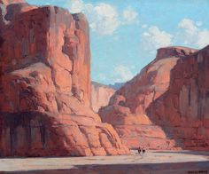 an oil painting of two people walking in the desert near large rocks and cliffs with blue sky above