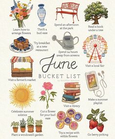 an illustrated poster with some things to do in the sun and flowers, including books