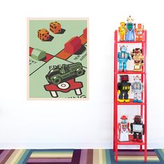 there is a red shelf with toys on it next to a painting and a colorful rug