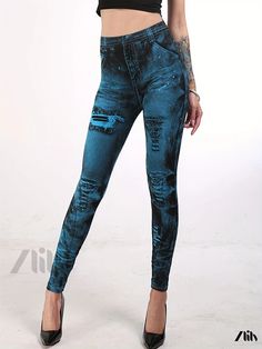 Zlily - Womens High Waist Denim Print Leggings - Comfortable and Stylish Skinny Casual Leggings High-rise Stretch Denim Blue Leggings, High Stretch Blue Denim Pants, Blue Non-stretch Jeggings For Fall, Stretch Mid-rise Distressed Pants, Stretch Denim Leggings In Denim Blue, Mid-rise Stretch Distressed Pants, Distressed Stretch Mid-rise Pants, Casual Denim Leggings For Fall, Tight Blue Denim Bottoms