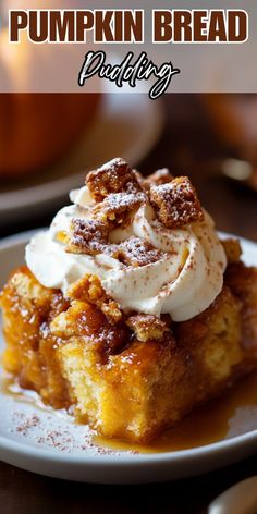 pumpkin bread pudding on a plate with whipped cream