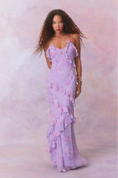 Purple floral chiffon maxi dress with spaghetti straps and ruffles that descend into the maxi skirt. Purple Dresses Bridesmaid, Purple Wedding Dress Guest, Purple Dress Maxi, Wedding Guest Dress Purple, Long Love Shack Fancy Dress, Purple Ruffled Maxi Dress For Wedding, Lilac Dress Outfit Wedding, Lilac Floral Bridesmaid Dresses, Chic Purple Maxi Dress With Ruffles