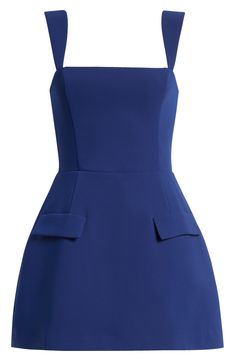 A skort-styled romper is a superfun way to style a sunny day. 24" center front length; 1 1/2" inseam; 28" leg opening (size Medium) Hidden back-zip closure Square neck Front flap pockets Lined 100% polyester Dry clean Imported Fitted Mini Dress With Side Pockets, Summer Mini Dress With Back Zipper For Work, Summer Workwear Mini Dress With Back Zipper, Summer Mini Dress With Side Pockets, Fitted Navy Skort With Pockets, Spring 4-way Stretch Go-dry Skort, Blue Skort With Button Closure, Blue Casual Skort With 4-way Stretch, Casual Blue 4-way Stretch Skort