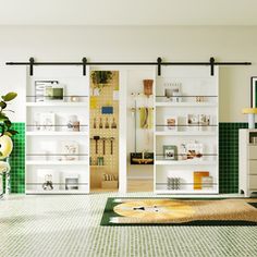 a living room with green and white walls, flooring and shelves filled with items