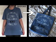 a woman standing next to a blue bag with the words california printed on it and before and after