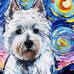 a painting of a white dog with blue and yellow swirls in the background