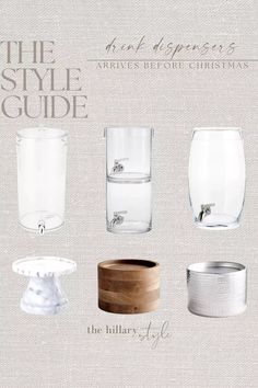 the style guide for glassware is shown in four different styles and sizes, including one with