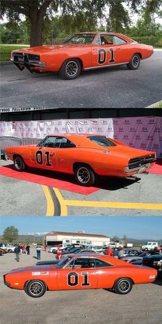 an orange muscle car with numbers on it