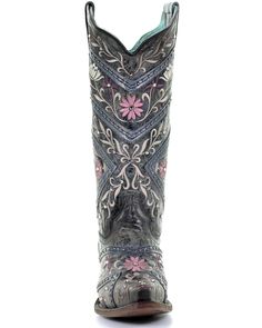 Full-grain leather. 12" shaft. Snip toe. Leather lining. Leather outsole. Floral embroidery. Rhinestone embellishments. Floral Cowgirl Boots, Corral Cowgirl Boots, Tall Cowgirl Boots, Corral Boots Womens, Cute Cowgirl Boots, Womens Cowgirl Boots, Handcrafted Boots, Corral Boots, Denim Boots