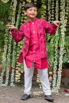 Maroon jacket style kurta with floral and thread embroidery. Comes with white pyjama. - Aza Fashions Designer Long Sleeve Festive Pant Set, Traditional Long Sleeve Pant Set With Zari Work, Long Sleeve Pant Set With Zari Work For Diwali, Diwali Long Sleeve Pant Set With Zari Work, Festive Pink Long Sleeve Bandhgala, Diwali Long Sleeve Pant Set With Resham Embroidery, Diwali Resham Embroidery Long Sleeve Pant Set, Designer Long Sleeve Pant Set For Festivals, Festive Long Sleeve Pant Set With Dabka