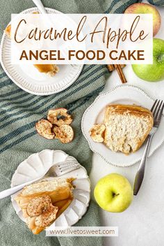 caramel apple angel food cake on plates with apples and spoons next to it