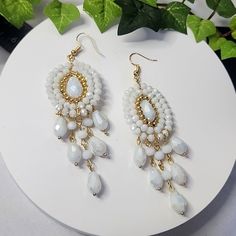 Beautiful Chandelier Style Earrings Artisan Crystal Ab White Crystal And 18k Gold Plated Hardware And Beadwork Hook Style New @35 Artisan Statement Casual Dressy Work Office Wedding White Iridescent Boho Ethnic Luxury Bohemian Beaded Earrings For Parties, White Drop Chandelier Earrings For Pierced Ears, White Crystal Dangle Earrings, White Chandelier Dangle Earrings, Gift White Drop Chandelier Earrings, White Bridal Drop Earrings With Dangling Beads, White Beaded Dangle Crystal Earrings, White Beaded Chandelier Earrings As Gift, Handmade White Dangle Crystal Earrings