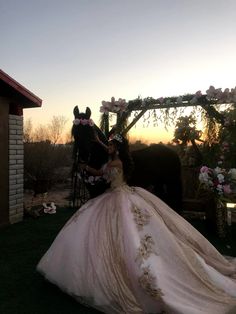 a woman in a ball gown standing next to a horse on the grass at sunset