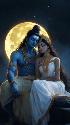 a man and woman are sitting in front of the moon with their arms around each other