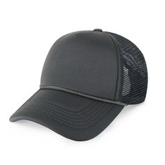 a black trucker hat with mesh on the front and back side, in grey