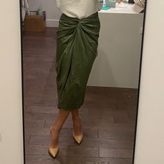 Add Some Simmering Shimmer To Your Casual Look In A Cotton-Blend Skirt Tailored To Drape With A Center-Knot Detail. 55% Cotton, 40% Polyester, 5% Metallic Fibers Dry Clean Beautiful Sage Green Color; Size 2 But Fits More Like A Size 4-6 Spring Green Fitted Draped Skirt, Sage Green Color, Twist Front, Women Skirts Midi, Green Color, Sage Green, Green Colors, Casual Looks, Midi Skirt