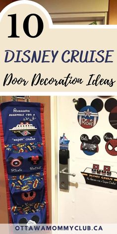 disney cruise door decoration ideas with mickey mouse ears and other items on display in front of the door