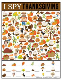 i spy thanksgiving worksheet for kids to learn how to spell the word,