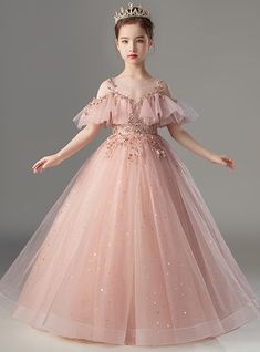 Sequin Flower Girl Dress, Long Flower Girl Dresses, Pink Ball Gown, Full Tulle Skirt, Pink Flower Girl Dresses, Layered Tulle Skirt, Bridal Elegance, Tulle Sleeves, Girls Pink Dress