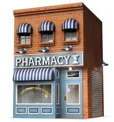 the front of a pharmacy with blue and white awnings on an orange brick building