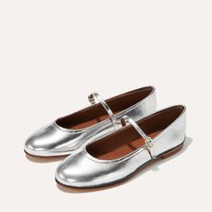 The Demi Jane - Silver Crinkle Mirror Margaux Ballet Flats, Silver Mary Jane Heels For Evening, Silver Mary Janes, Mary Jane Style Slip-on Shoes With Buckle Closure, Silver Round Toe Mary Janes, Loafers And Socks, Girls Couture, Mary Jane Flats, Fashion Wishlist