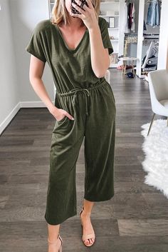 Green V Neck Short Sleeve Jumpsuit Casual V-neck Jumpsuit With Relaxed Fit, Casual V-neck Stretch Jumpsuits And Rompers, Green V-neck Jumpsuit For Loungewear, Green V-neck Casual Jumpsuits And Rompers, Casual Khaki Jumpsuits And Rompers For Summer, Casual V-neck Jumpsuits And Rompers In Solid Color, Green Solid Color Jumpsuit For Day Out, Green Solid Color Jumpsuits And Rompers For Day Out, Casual Green Solid Color Jumpsuits And Rompers