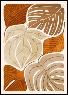 an abstract painting with leaves in brown, white and orange colors on a beige background