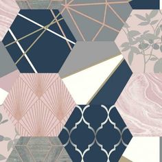 an art deco wallpaper design with geometric shapes and lines in shades of pink, blue, grey and gold